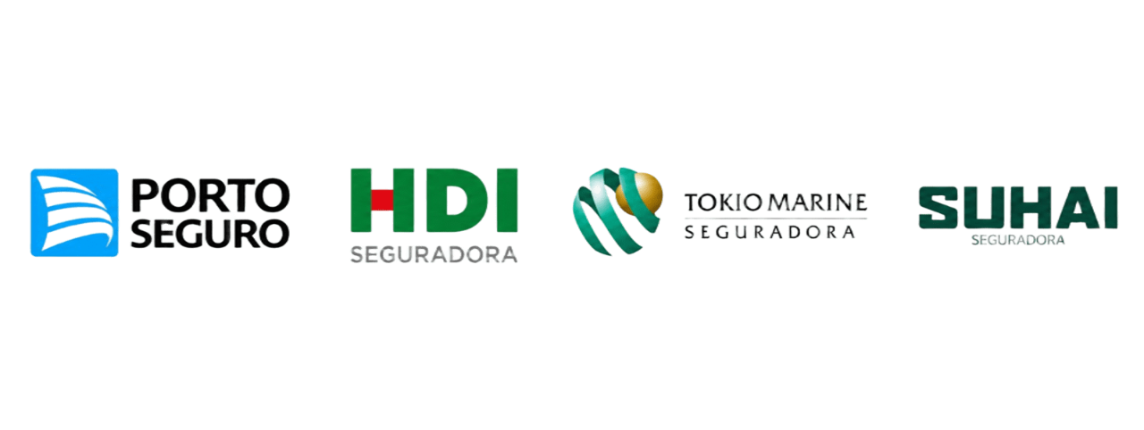 Logos das seguradoras parceiras: Porto Seguro, Bradesco Seguros, Allianz, Azul Seguros, Tokio Marine, HDI Seguros, SulAmérica e Mapfre