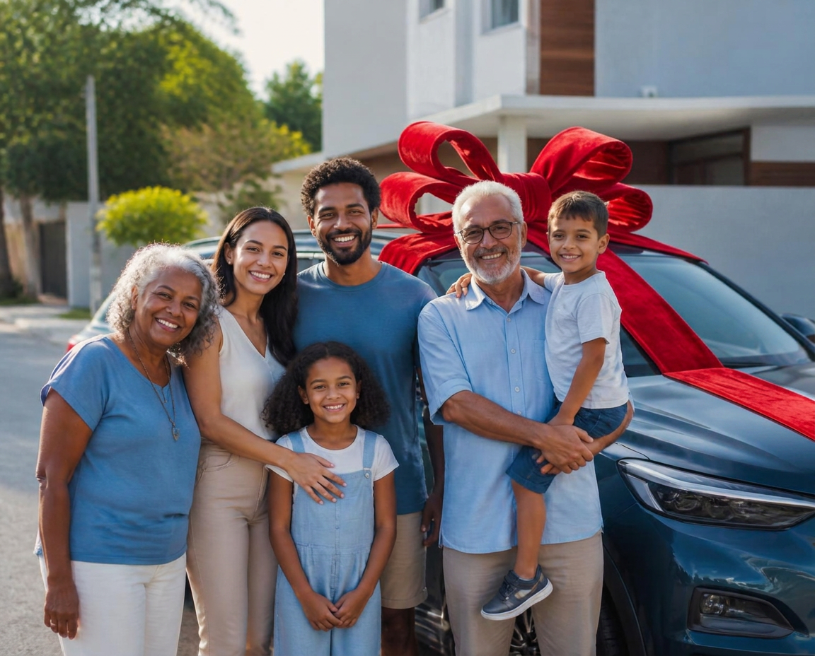Família sorridente ao lado do carro protegido pela FJN Corretora de Seguros