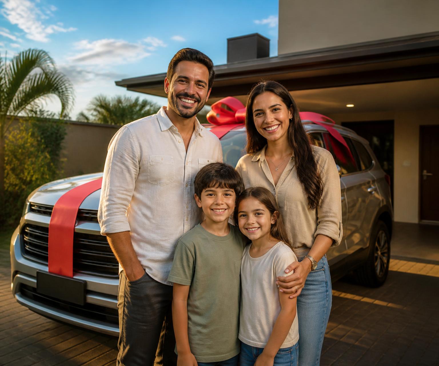 Família sorridente ao lado do carro protegido pela FJN Corretora de Seguros